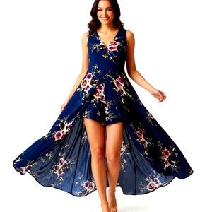 Boho Floral Split Maxi Romper Dress Shorts Wedding Guest Summer Beach Vacation M